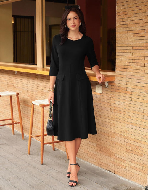 GRACE KARIN 2025 Wear to Work Dress for Women A Line Midi Fit 3/4 Sleeve Church Round Neck Business Dresses - 7DAY'S