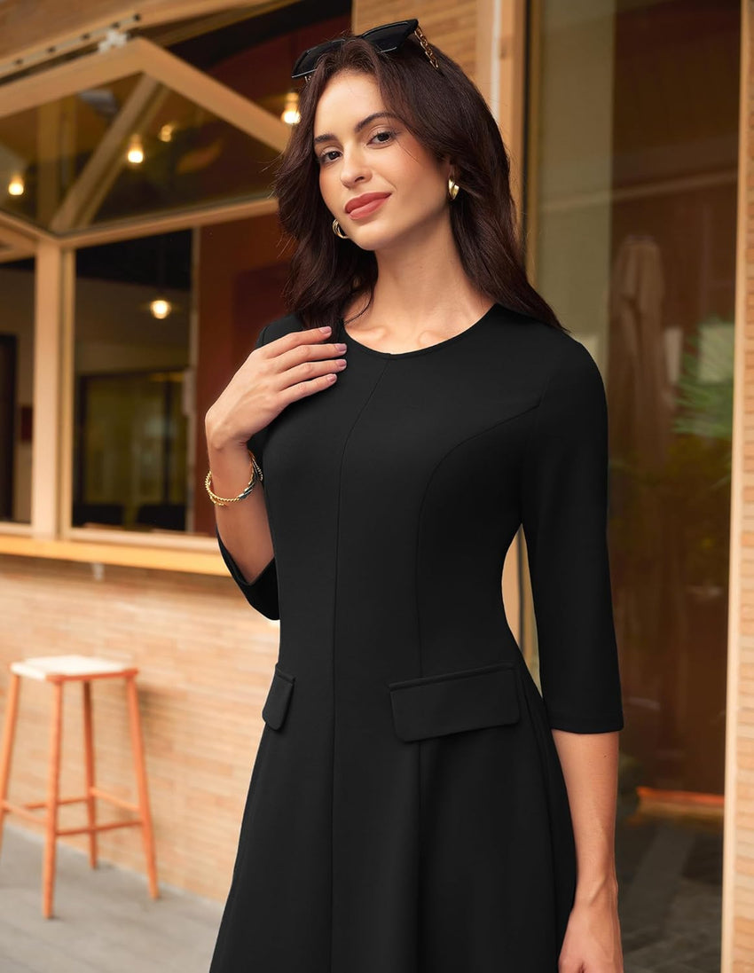 GRACE KARIN 2025 Wear to Work Dress for Women A Line Midi Fit 3/4 Sleeve Church Round Neck Business Dresses - 7DAY'S