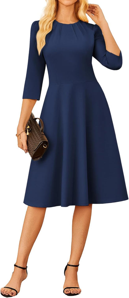 GRACE KARIN 2025 Women Fall Work Dresses,3/4 Sleeve Church Dresses,Fit and Flare Wedding Guest Dress with Pockets - 7DAY'S