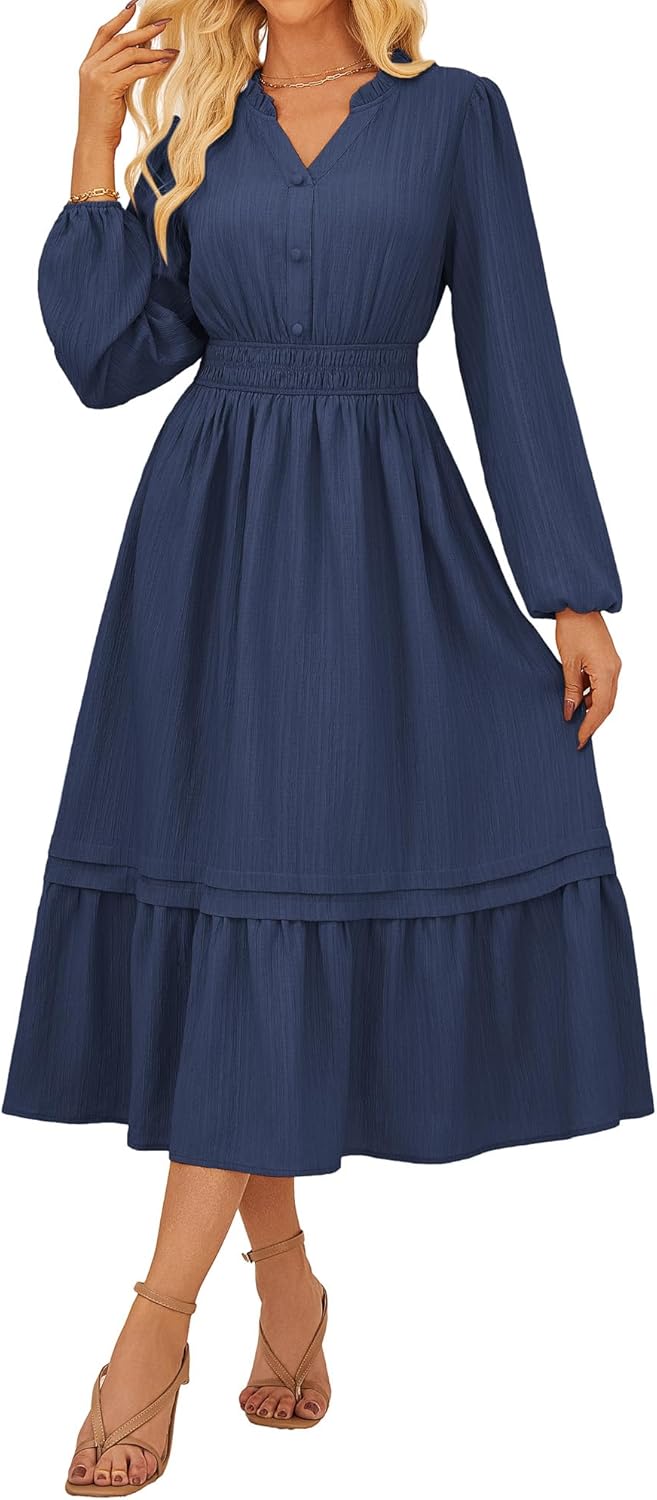 GRACE KARIN 2025 Women's Casual Fall Long Sleeve Midi Dresses, V - Neck Smocked Tiered Dress,Wedding Guest Dress - 7DAY'S