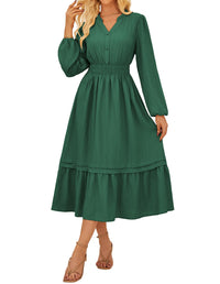 GRACE KARIN 2025 Women's Casual Fall Long Sleeve Midi Dresses, V - Neck Smocked Tiered Dress,Wedding Guest Dress - 7DAY'S