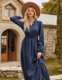 GRACE KARIN 2025 Women's Casual Fall Long Sleeve Midi Dresses, V - Neck Smocked Tiered Dress,Wedding Guest Dress - 7DAY'S