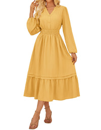 GRACE KARIN 2025 Women's Casual Fall Long Sleeve Midi Dresses, V - Neck Smocked Tiered Dress,Wedding Guest Dress - 7DAY'S