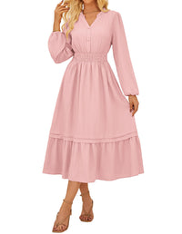 GRACE KARIN 2025 Women's Casual Fall Long Sleeve Midi Dresses, V - Neck Smocked Tiered Dress,Wedding Guest Dress - 7DAY'S