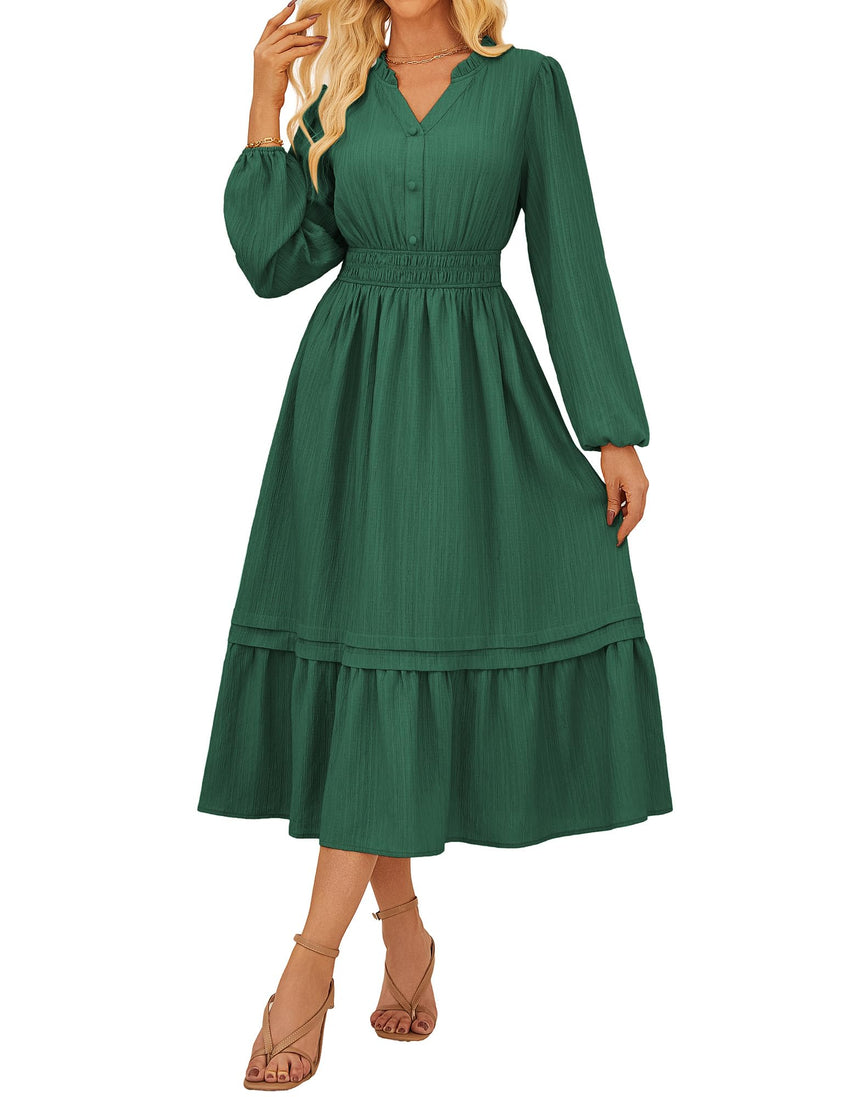 GRACE KARIN 2025 Women's Casual Fall Long Sleeve Midi Dresses, V - Neck Smocked Tiered Dress,Wedding Guest Dress - 7DAY'S