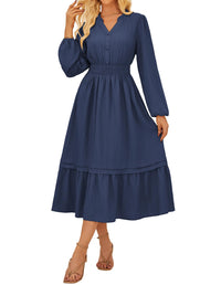 GRACE KARIN 2025 Women's Casual Fall Long Sleeve Midi Dresses, V - Neck Smocked Tiered Dress,Wedding Guest Dress - 7DAY'S