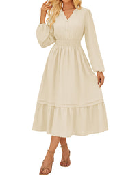 GRACE KARIN 2025 Women's Casual Fall Long Sleeve Midi Dresses, V - Neck Smocked Tiered Dress,Wedding Guest Dress - 7DAY'S