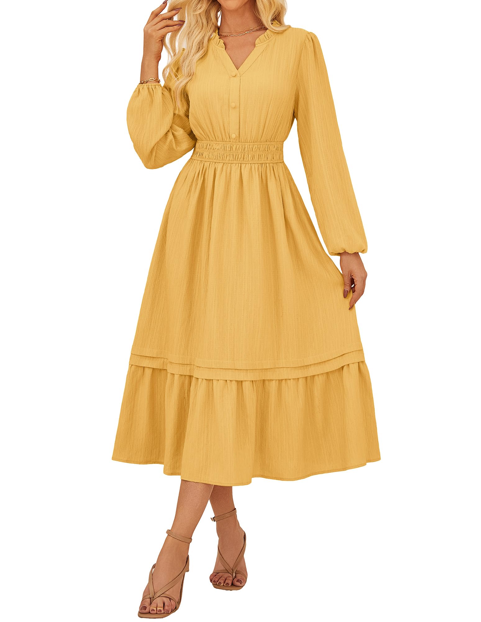 GRACE KARIN 2025 Women's Casual Fall Long Sleeve Midi Dresses, V - Neck Smocked Tiered Dress,Wedding Guest Dress - 7DAY'S