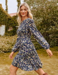 GRACE KARIN 2025 Women's Long Sleeve Henley V - Neck Smocked Waist Floral Mini Tiered A Line Dresses with Pockets - 7DAY'S
