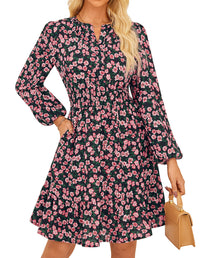 GRACE KARIN 2025 Women's Long Sleeve Henley V - Neck Smocked Waist Floral Mini Tiered A Line Dresses with Pockets - 7DAY'S