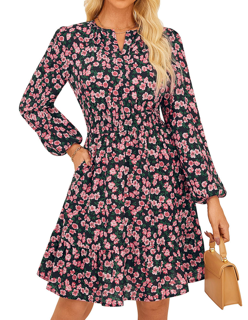 GRACE KARIN 2025 Women's Long Sleeve Henley V - Neck Smocked Waist Floral Mini Tiered A Line Dresses with Pockets - 7DAY'S