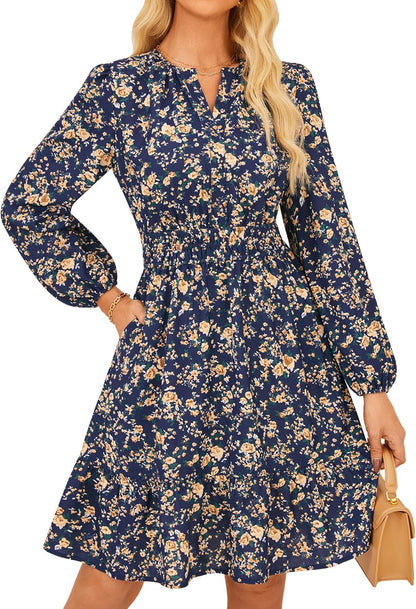 GRACE KARIN 2025 Women's Long Sleeve Henley V - Neck Smocked Waist Floral Mini Tiered A Line Dresses with Pockets - 7DAY'S