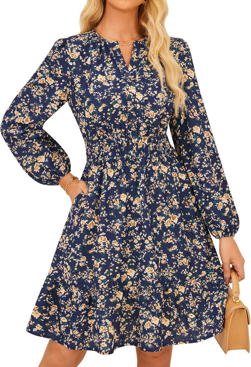 GRACE KARIN 2025 Women's Long Sleeve Henley V-Neck Smocked Waist Floral Mini Tiered A Line Dresses with Pockets
