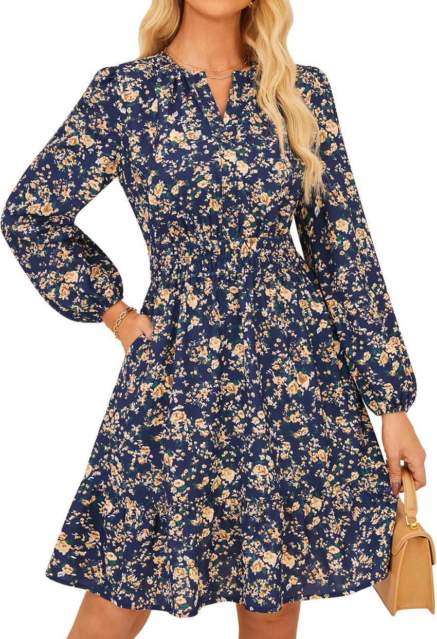 GRACE KARIN 2025 Women's Long Sleeve Henley V - Neck Smocked Waist Floral Mini Tiered A Line Dresses with Pockets - 7DAY'S