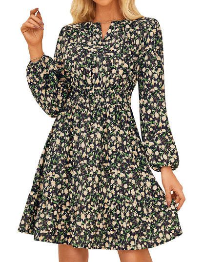 GRACE KARIN 2025 Women's Long Sleeve Henley V - Neck Smocked Waist Floral Mini Tiered A Line Dresses with Pockets - 7DAY'S