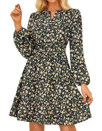 GRACE KARIN 2025 Women's Long Sleeve Henley V - Neck Smocked Waist Floral Mini Tiered A Line Dresses with Pockets - 7DAY'S