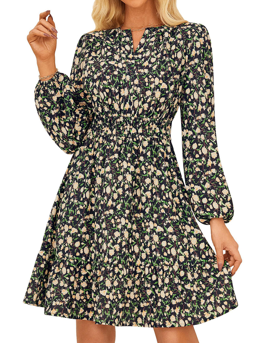 GRACE KARIN 2025 Women's Long Sleeve Henley V - Neck Smocked Waist Floral Mini Tiered A Line Dresses with Pockets - 7DAY'S