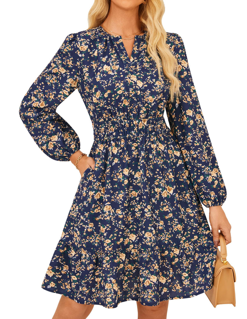 GRACE KARIN 2025 Women's Long Sleeve Henley V - Neck Smocked Waist Floral Mini Tiered A Line Dresses with Pockets - 7DAY'S