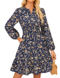 GRACE KARIN 2025 Women's Long Sleeve Henley V - Neck Smocked Waist Floral Mini Tiered A Line Dresses with Pockets - 7DAY'S
