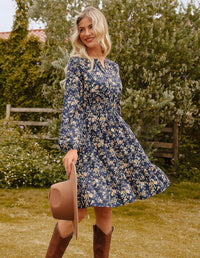 GRACE KARIN 2025 Women's Long Sleeve Henley V - Neck Smocked Waist Floral Mini Tiered A Line Dresses with Pockets - 7DAY'S