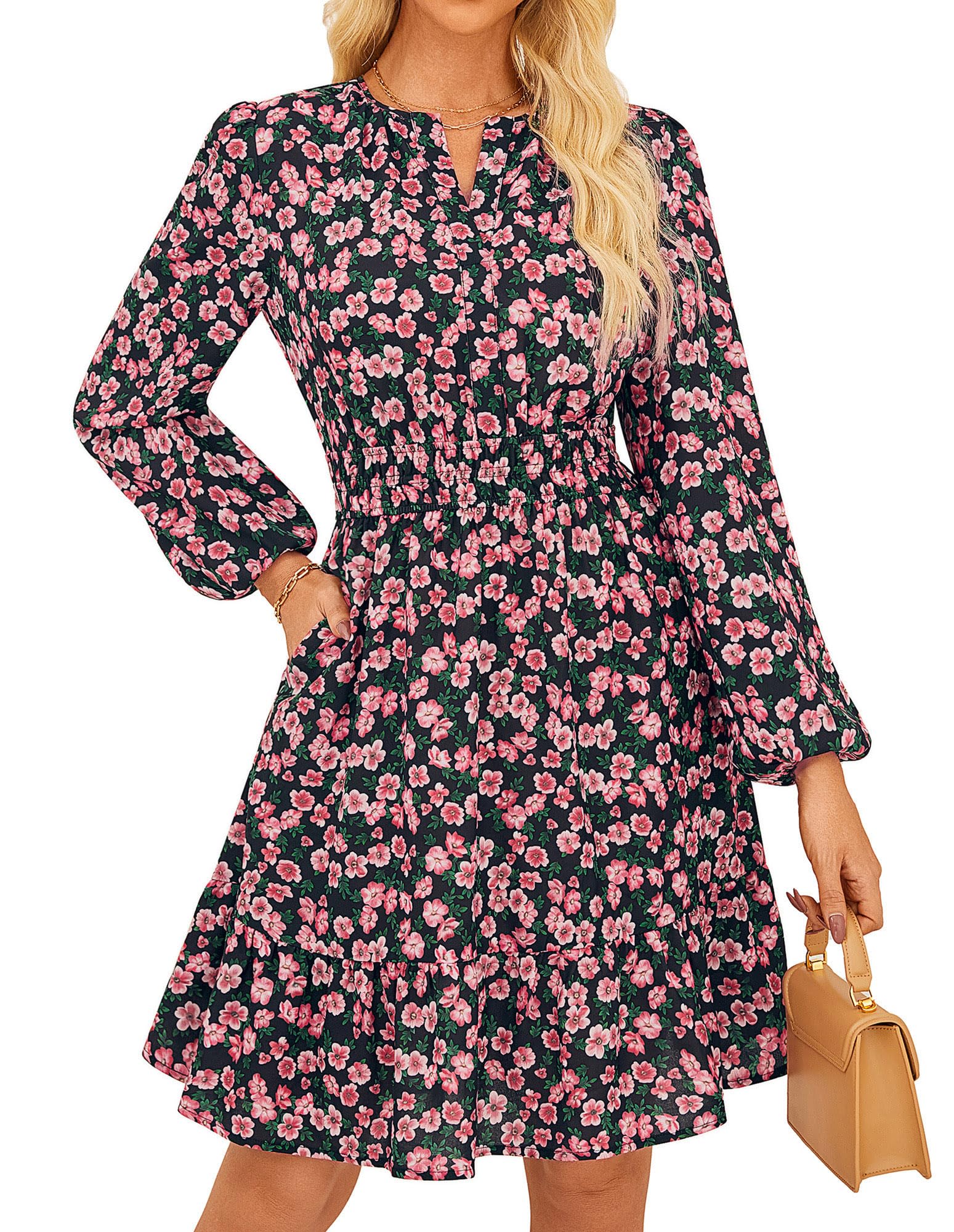 GRACE KARIN 2025 Women's Long Sleeve Henley V - Neck Smocked Waist Floral Mini Tiered A Line Dresses with Pockets - 7DAY'S