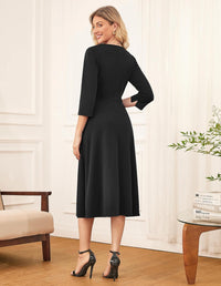 GRACE KARIN 2025 Women's V Neck 3/4 Sleeve Tie Waist Business Work A Line Midi Dress - 7DAY'S