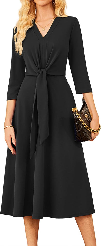 GRACE KARIN 2025 Women's V Neck 3/4 Sleeve Tie Waist Business Work A Line Midi Dress - 7DAY'S