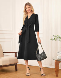 GRACE KARIN 2025 Women's V Neck 3/4 Sleeve Tie Waist Business Work A Line Midi Dress - 7DAY'S