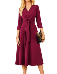 GRACE KARIN 2025 Women's V Neck 3/4 Sleeve Tie Waist Business Work A Line Midi Dress - 7DAY'S