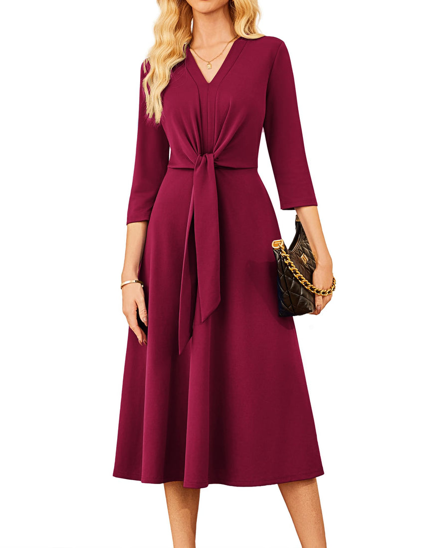 GRACE KARIN 2025 Women's V Neck 3/4 Sleeve Tie Waist Business Work A Line Midi Dress - 7DAY'S