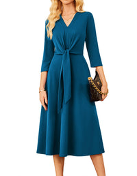 GRACE KARIN 2025 Women's V Neck 3/4 Sleeve Tie Waist Business Work A Line Midi Dress - 7DAY'S