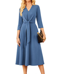 GRACE KARIN 2025 Women's V Neck 3/4 Sleeve Tie Waist Business Work A Line Midi Dress - 7DAY'S