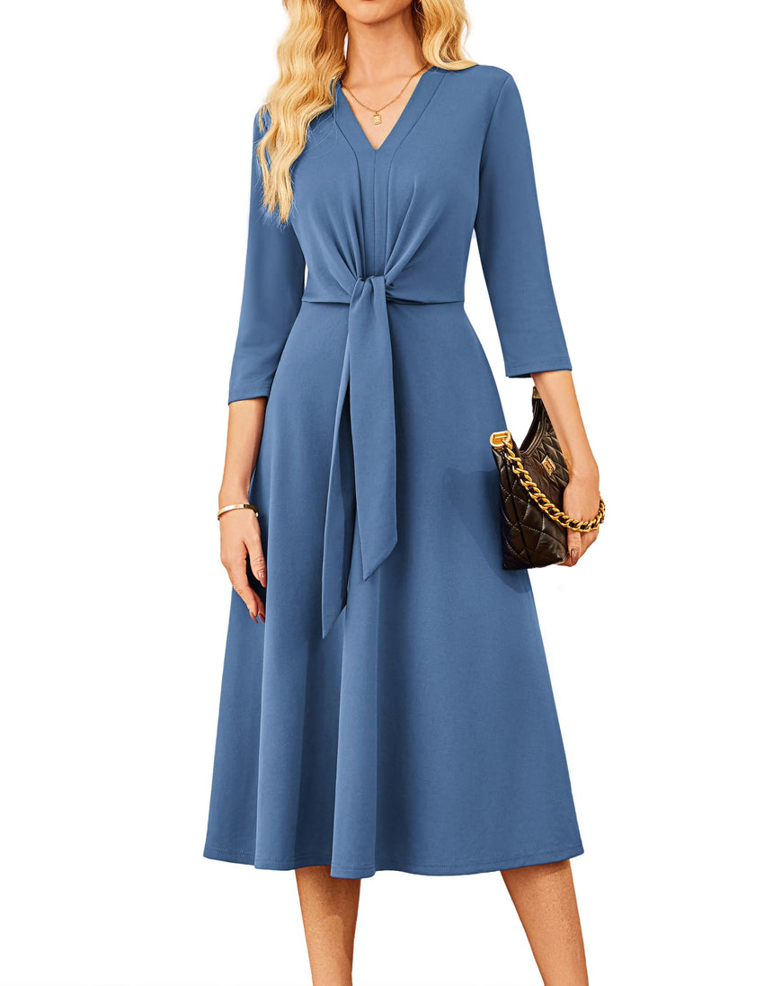 GRACE KARIN 2025 Women's V Neck 3/4 Sleeve Tie Waist Business Work A Line Midi Dress - 7DAY'S