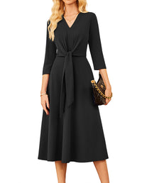 GRACE KARIN 2025 Women's V Neck 3/4 Sleeve Tie Waist Business Work A Line Midi Dress - 7DAY'S
