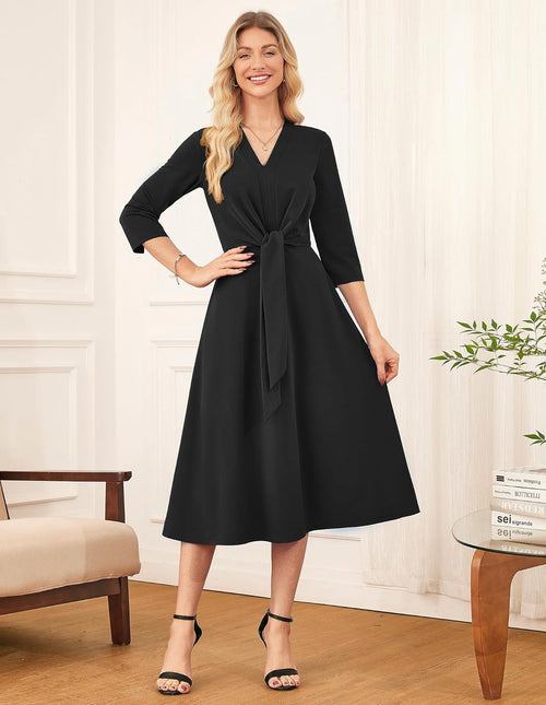GRACE KARIN 2025 Women's V Neck 3/4 Sleeve Tie Waist Business Work A Line Midi Dress - 7DAY'S