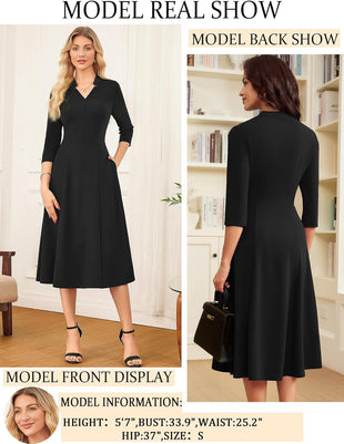 GRACE KARIN Business Dresses for Women Wear to Work Dresses 3/4 Sleeve Midi Aline Dress with Pockets - 7DAY'S