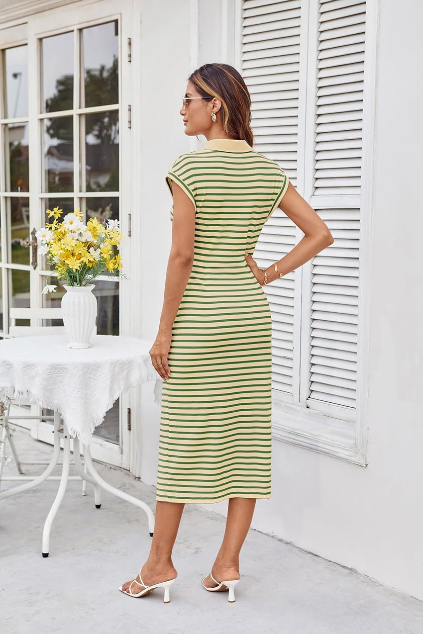GRACE KARIN Women's Casual Summer Dresses Striped Polo V Neck Cap Sleeve Side Slit Ruched Bodycon Stretch Midi Dresses - 7DAY'S