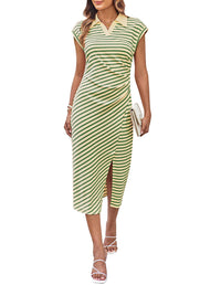 GRACE KARIN Women's Casual Summer Dresses Striped Polo V Neck Cap Sleeve Side Slit Ruched Bodycon Stretch Midi Dresses - 7DAY'S