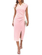 GRACE KARIN Women's Casual Summer Dresses Striped Polo V Neck Cap Sleeve Side Slit Ruched Bodycon Stretch Midi Dresses - 7DAY'S