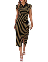 GRACE KARIN Women's Casual Summer Dresses Striped Polo V Neck Cap Sleeve Side Slit Ruched Bodycon Stretch Midi Dresses - 7DAY'S