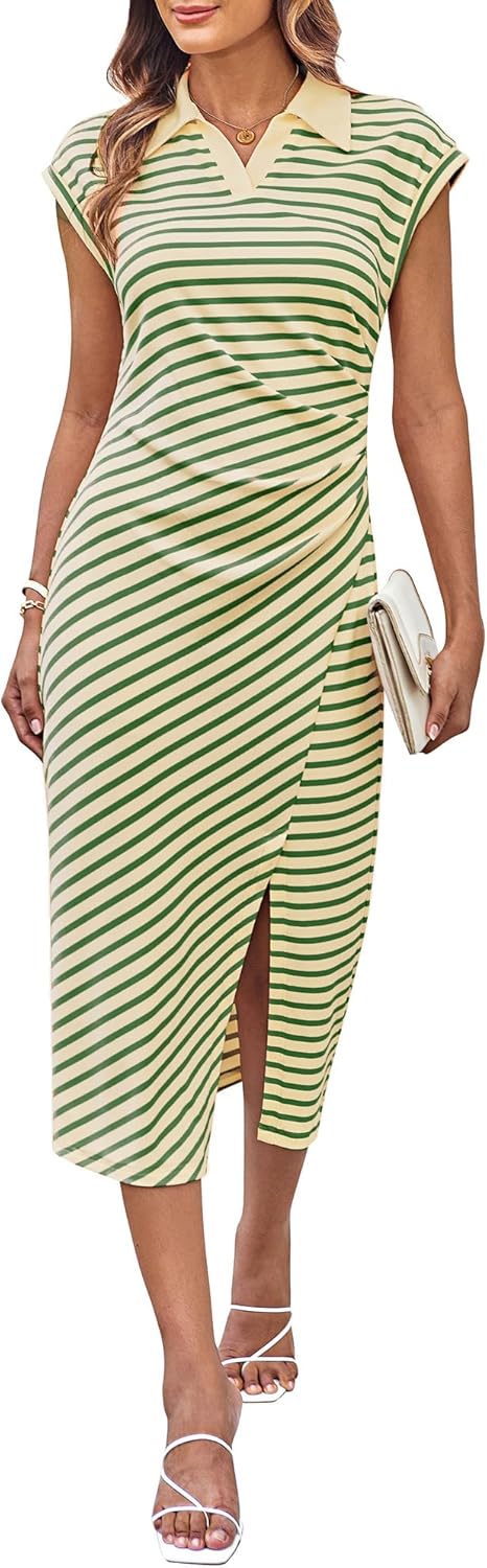 GRACE KARIN Women's Casual Summer Dresses Striped Polo V Neck Cap Sleeve Side Slit Ruched Bodycon Stretch Midi Dresses