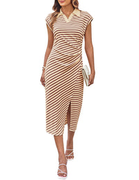 GRACE KARIN Women's Casual Summer Dresses Striped Polo V Neck Cap Sleeve Side Slit Ruched Bodycon Stretch Midi Dresses - 7DAY'S