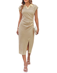 GRACE KARIN Women's Casual Summer Dresses Striped Polo V Neck Cap Sleeve Side Slit Ruched Bodycon Stretch Midi Dresses - 7DAY'S