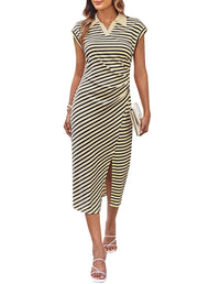 GRACE KARIN Women's Casual Summer Dresses Striped Polo V Neck Cap Sleeve Side Slit Ruched Bodycon Stretch Midi Dresses - 7DAY'S