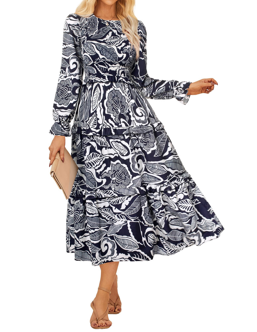 GRACE KARIN Women's Floral Midi Dress 2025 Long Sleeve Fall Elegant Smocked Tiered Flowy Wedding Guest Dresses with Pockets - 7DAY'S