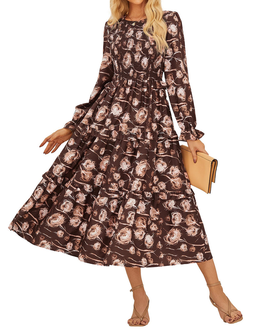 GRACE KARIN Women's Floral Midi Dress 2025 Long Sleeve Fall Elegant Smocked Tiered Flowy Wedding Guest Dresses with Pockets - 7DAY'S