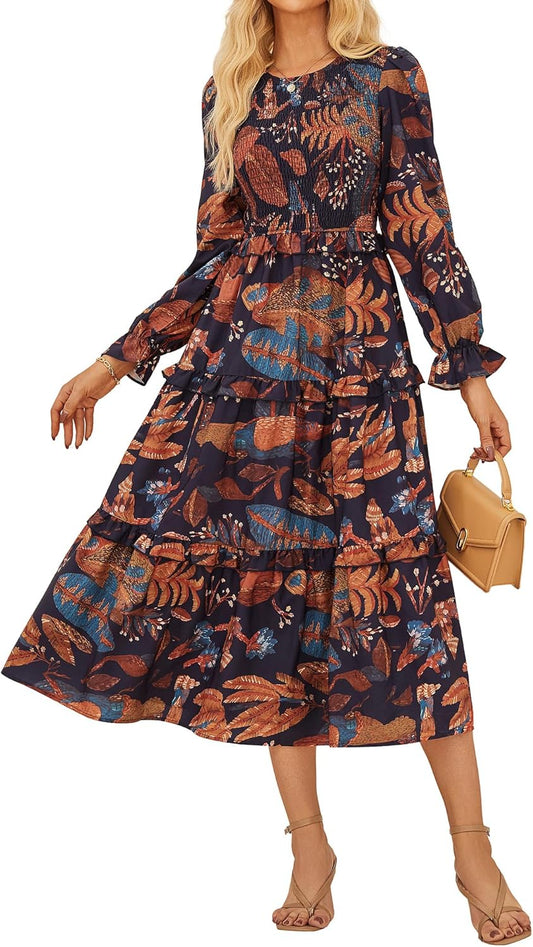 GRACE KARIN Women's Floral Midi Dress 2025 Long Sleeve Fall Elegant Smocked Tiered Flowy Wedding Guest Dresses with Pockets - 7DAY'S