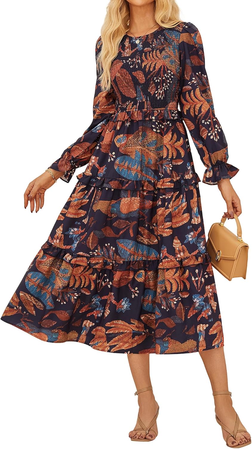 GRACE KARIN Women's Floral Midi Dress 2025 Long Sleeve Fall Elegant Smocked Tiered Flowy Wedding Guest Dresses with Pockets - 7DAY'S