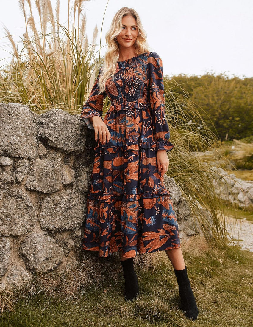 GRACE KARIN Women's Floral Midi Dress 2025 Long Sleeve Fall Elegant Smocked Tiered Flowy Wedding Guest Dresses with Pockets - 7DAY'S