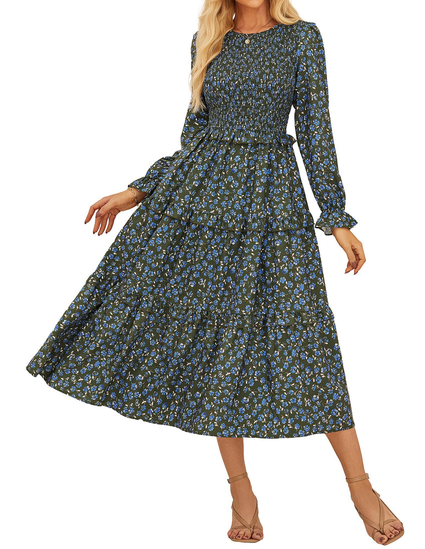 GRACE KARIN Women's Floral Midi Dress 2025 Long Sleeve Fall Elegant Smocked Tiered Flowy Wedding Guest Dresses with Pockets - 7DAY'S